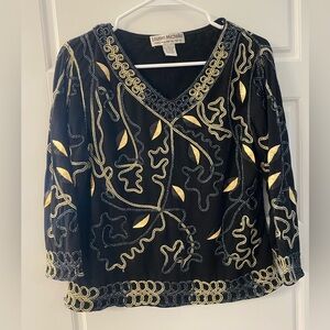 Vintage Lauren Michelle Black Top with Gold Embroidery